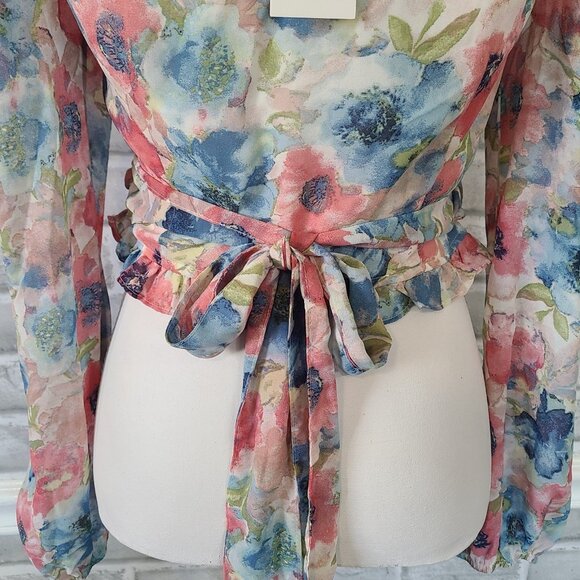 VICI x Fate Floral Cropped Ruffle Puff Sleeve Wrap Blouse NWT S Romantic Fairy - Picture 3 of 8